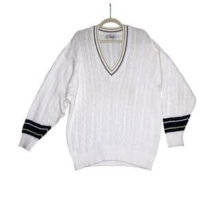 PRINGLE Of Scotland V-Neck Fisherman Sweater Sz S Ivory Golf Tennis Timeless EUC